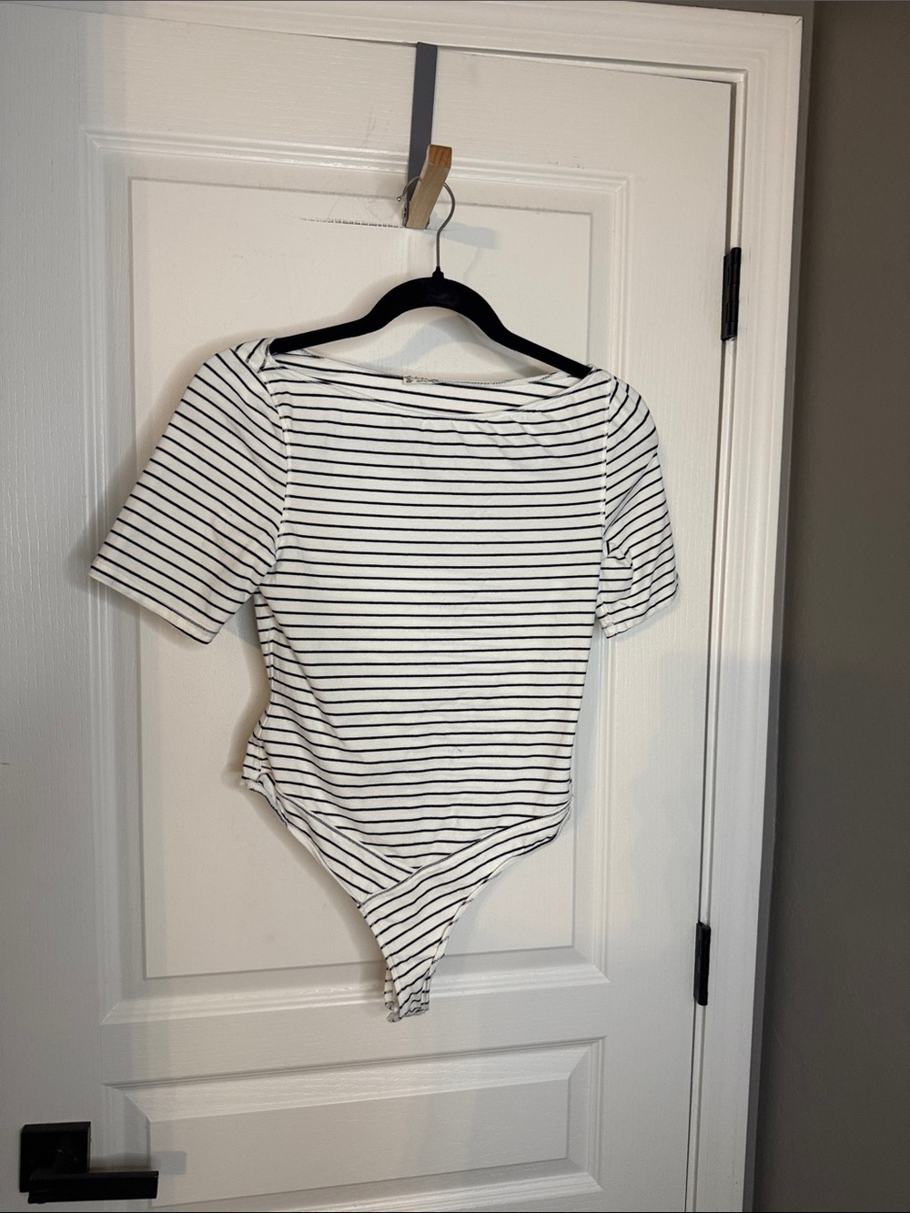 Striped Black and White Short-Sleeve Scoop Neck Bodysuit